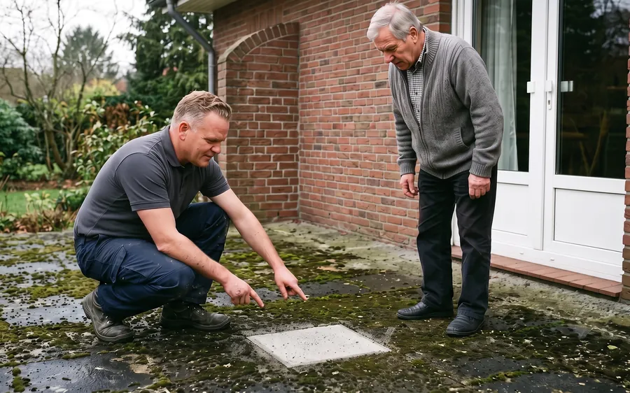 Karsten Lütteke zeigt einem Hausbesitzer eine gereinigte Probefläche auf der Terrasse