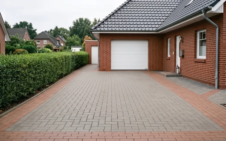 Frisch gereinigte Betonpflaster-Einfahrt vor einer Garage im Münsterland