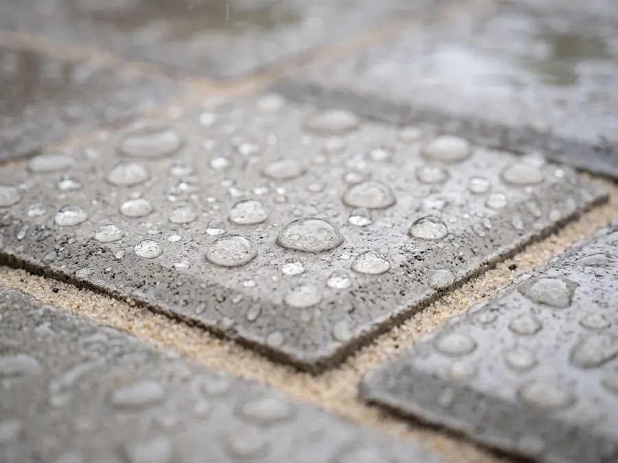 Regenwasser perlt auf frisch imprägniertem Pflaster in Tropfen ab