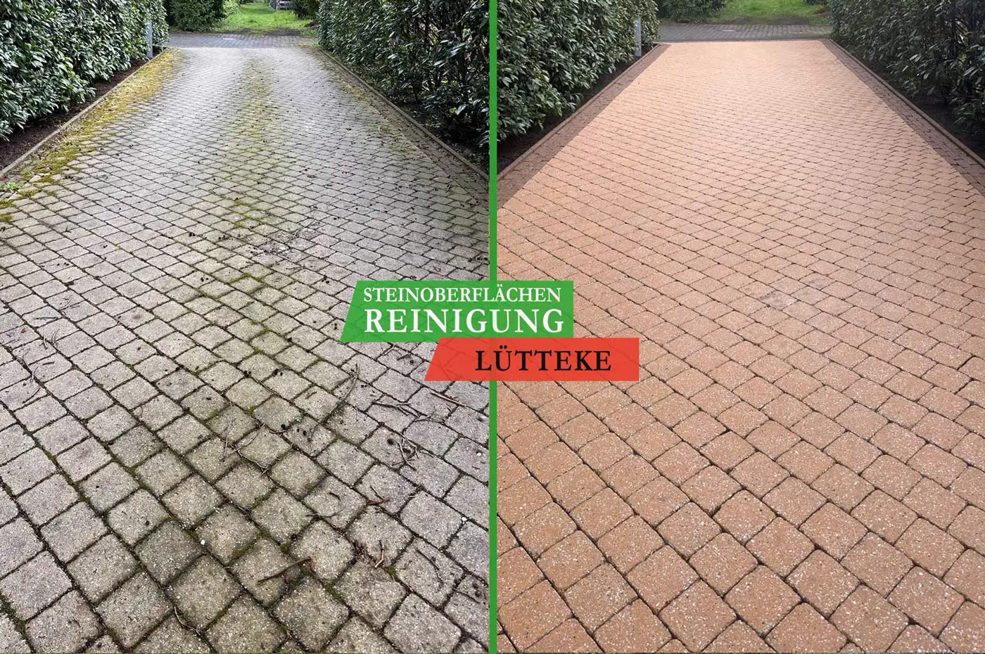 Echte Kundenfläche: rotes Betonpflaster, links vor der Reinigung grau mit Moos in den Fugen, rechts danach trocken und wieder rot