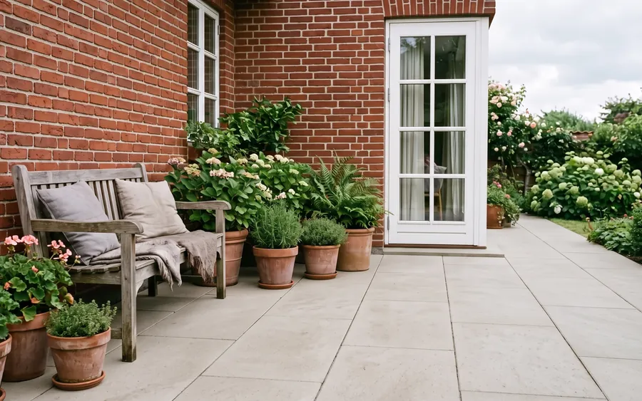 Terrassenreinigung in Münster: gereinigte Betonplatten-Terrasse vor der Terrassentür eines Wohnhauses